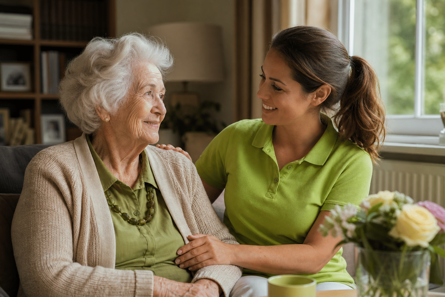 Eine Betreuungskraft begleitet eine Seniorin in ihrer gewohnten h&auml;uslichen Umgebung am Wohnzimmerfenster.